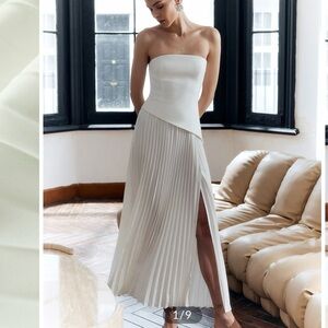 White solid pleated strapless split dress from commence.